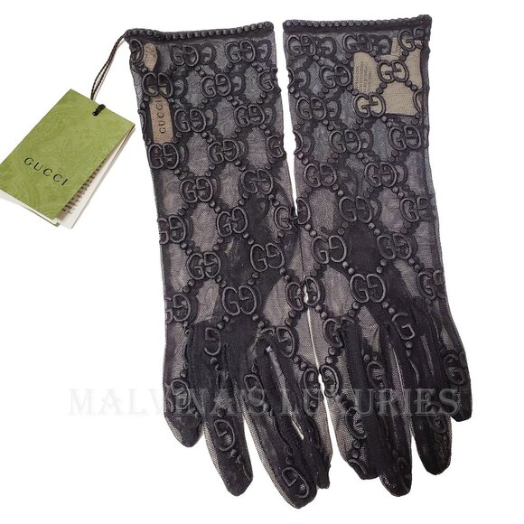 GUCCI GLOVES 787379 BLACK TULLE w GG LOGO MOTIF EMBROIDERY sz 8 / L - Picture 7 of 14